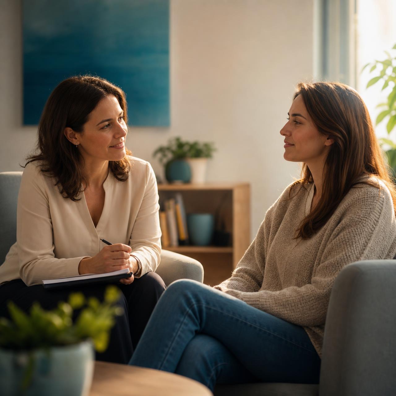 Psicóloga em consulta com uma cliente numa poltrona, ambiente acolhedor
